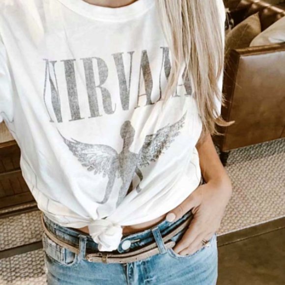 Mephobia Tops - 90s Nirvana Band Tour Graphic Short Sleeve Casual Tee White Cotton